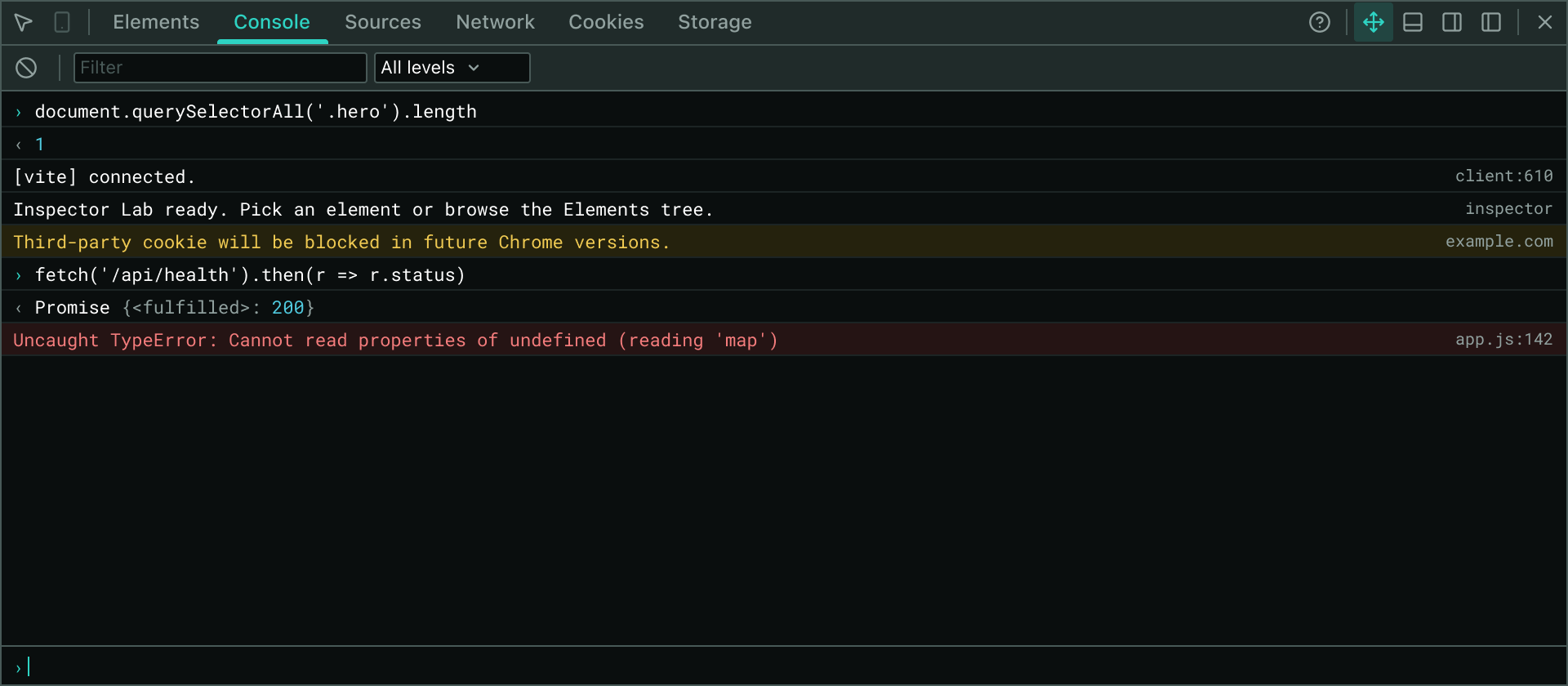 The Console Panel showing captured log, warning, and error messages with source links and the expression prompt at the bottom